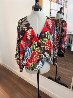 Johnny Was Floral Wrap V-Neck Blouse - M